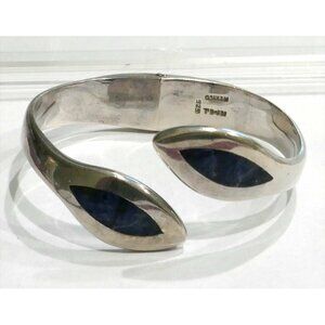 Vintage Taxco Mexican Sterling Silver Hinged Bypass Bracelet Blue Stone - Signed